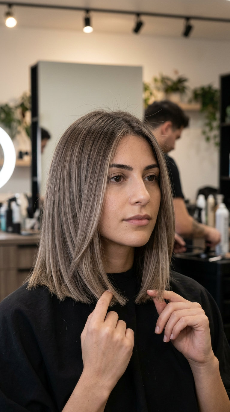 shoulder-length mushroom bronde lob with balayage highlights and curtain bangs for professional wear
