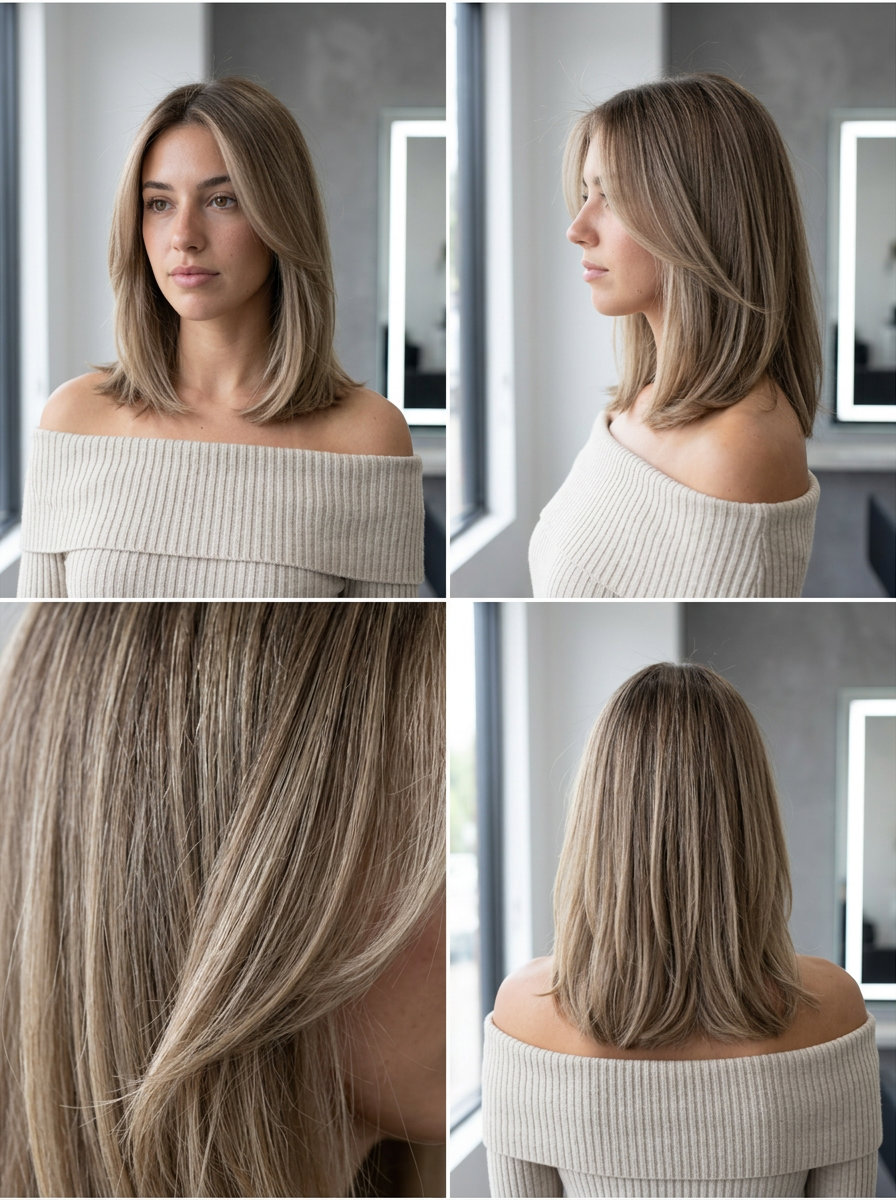 shoulder-length mushroom bronde lob haircut with beige balayage and soft layers for weekend