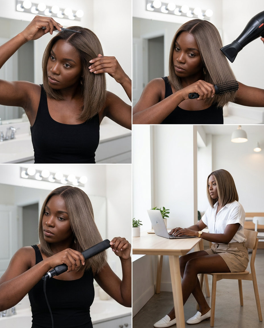 Sleek Bronde Lob 2026 mushroom bronde shoulder-length lob with center part and blunt ends for office