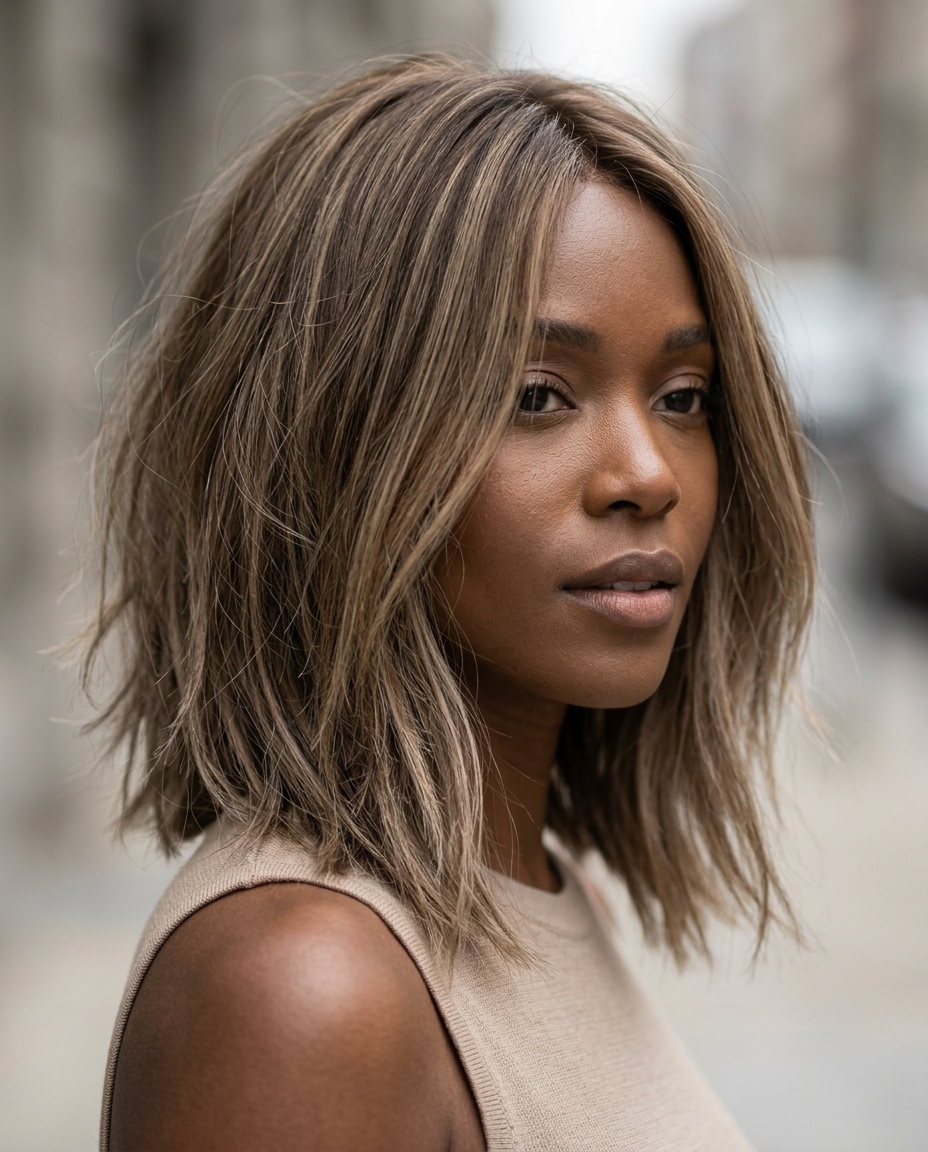 shoulder-length lob with mushroom bronde color, piecey textured ends, and subtle face-framing for a modern look