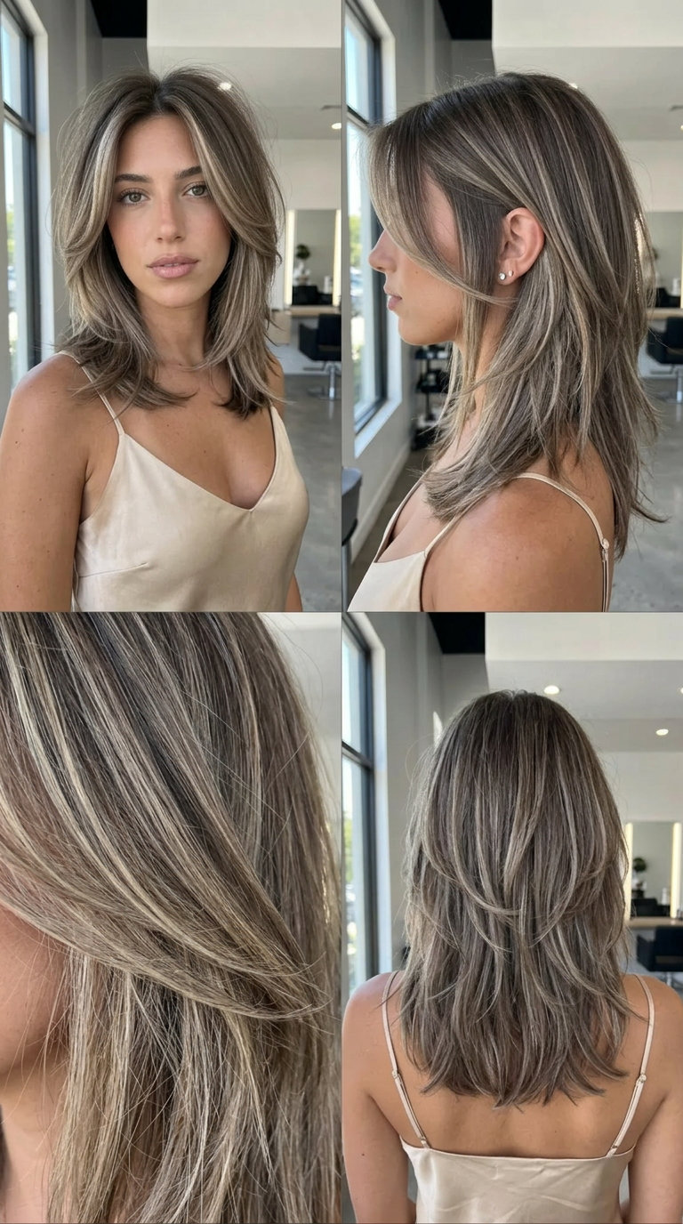 shoulder-length mushroom bronde shag with balayage and face-framing layers for casual daily