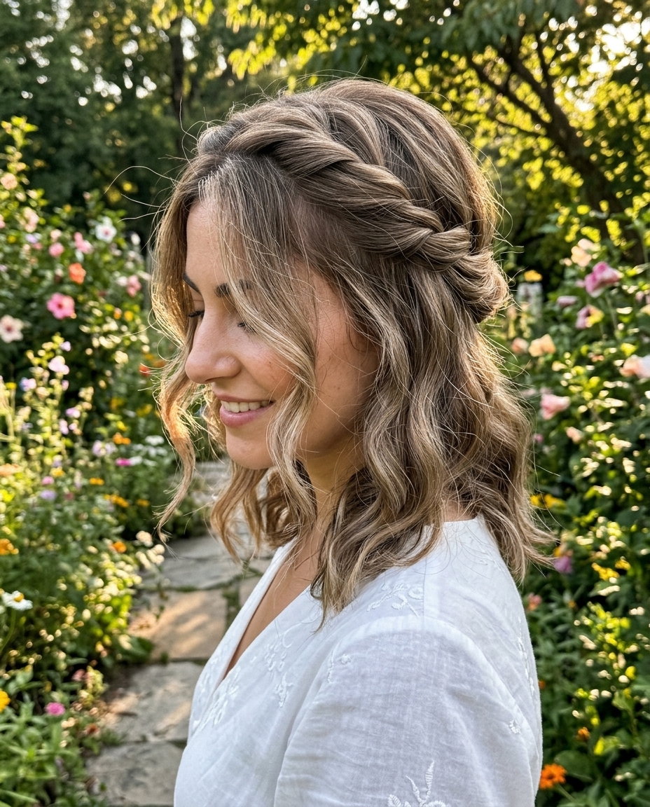 Soft Twisted Crown 2026 mushroom bronde shoulder-length hair twisted crown with face-framing pieces for date night