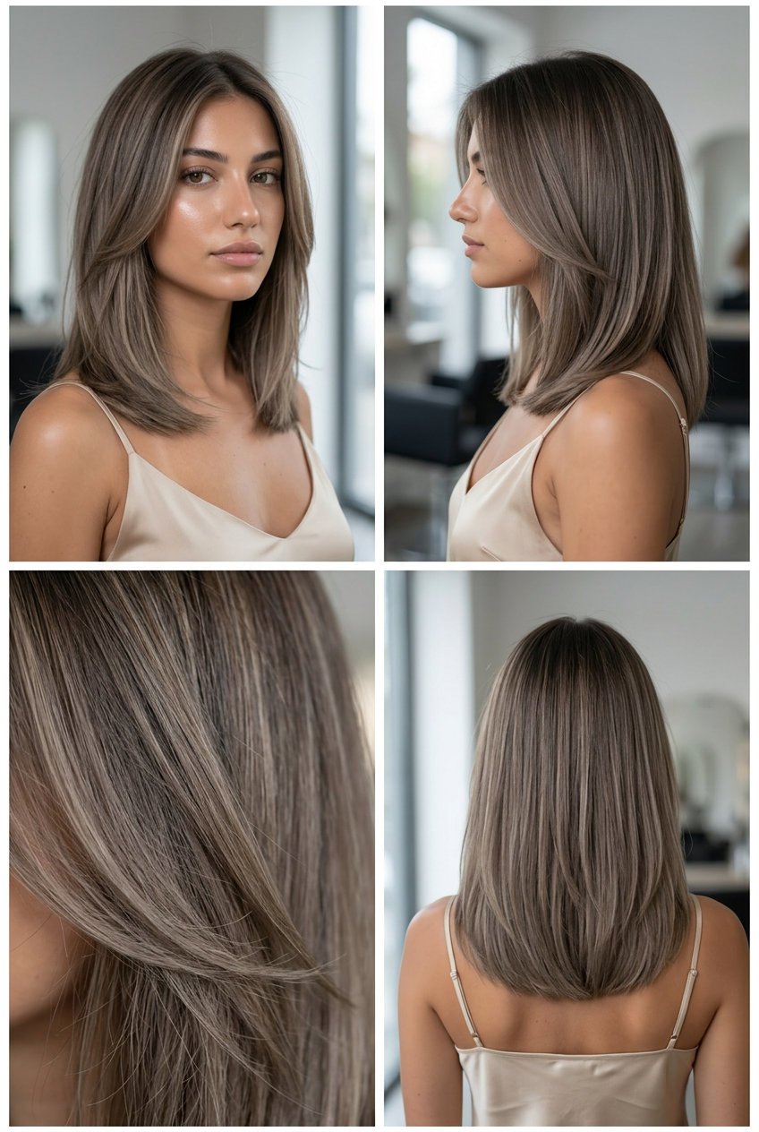 long layered mushroom brown balayage with air touch technique