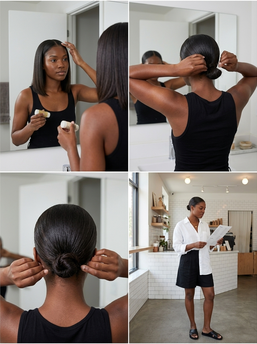 sleek mushroom brown micro-bun with a low ponytail and edge control for summer