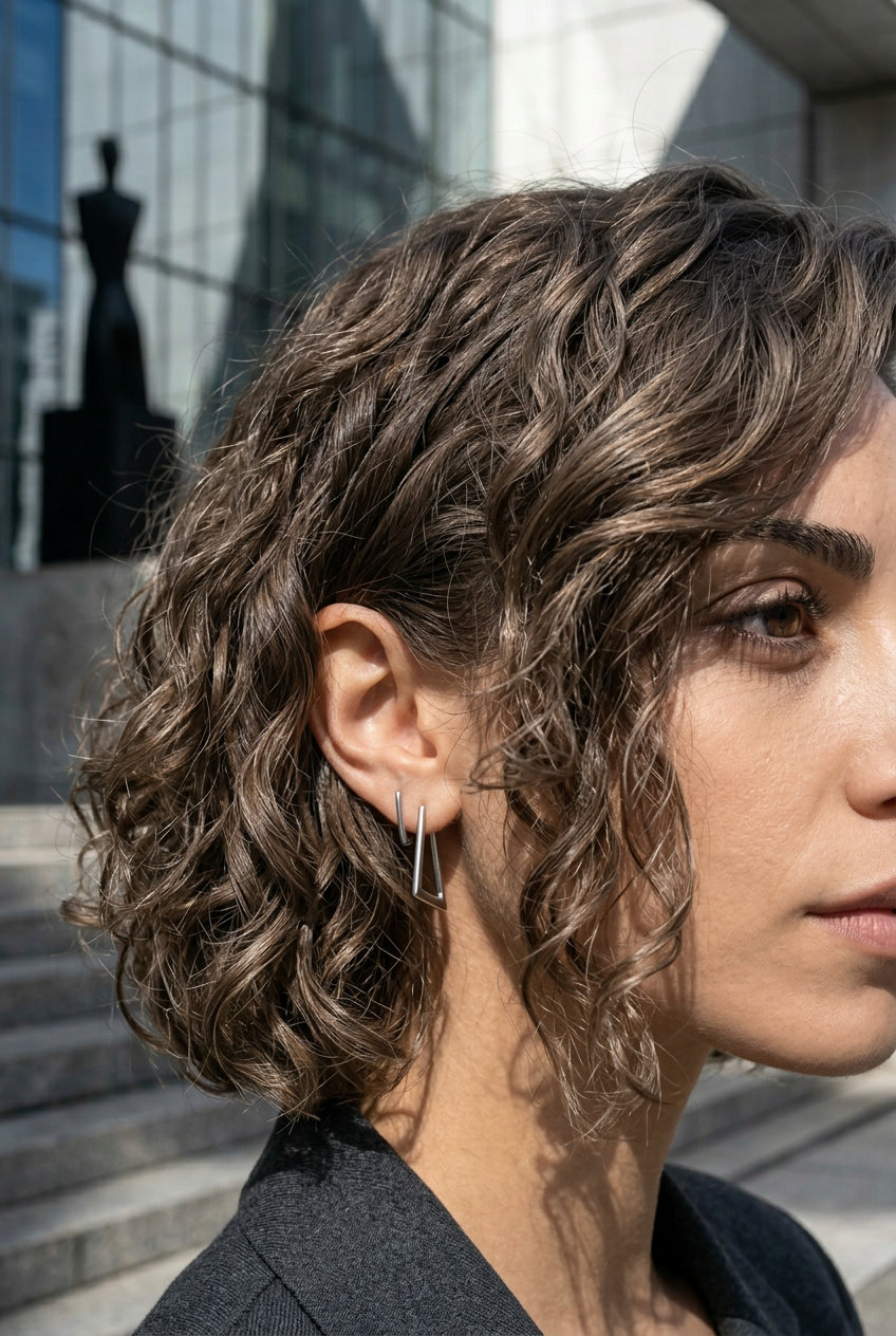 chin-length curly blunt bob with mushroom bronze, cool ash undertones, no fringe — sophisticated professional