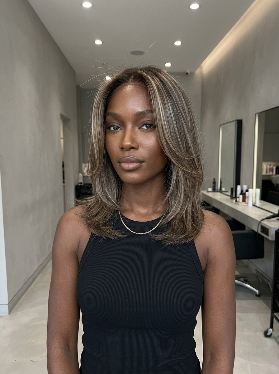 Mushroom Bronde 2026: Sophisticated Balayage long mushroom bronde with ashy beige balayage and no fringe for professional events