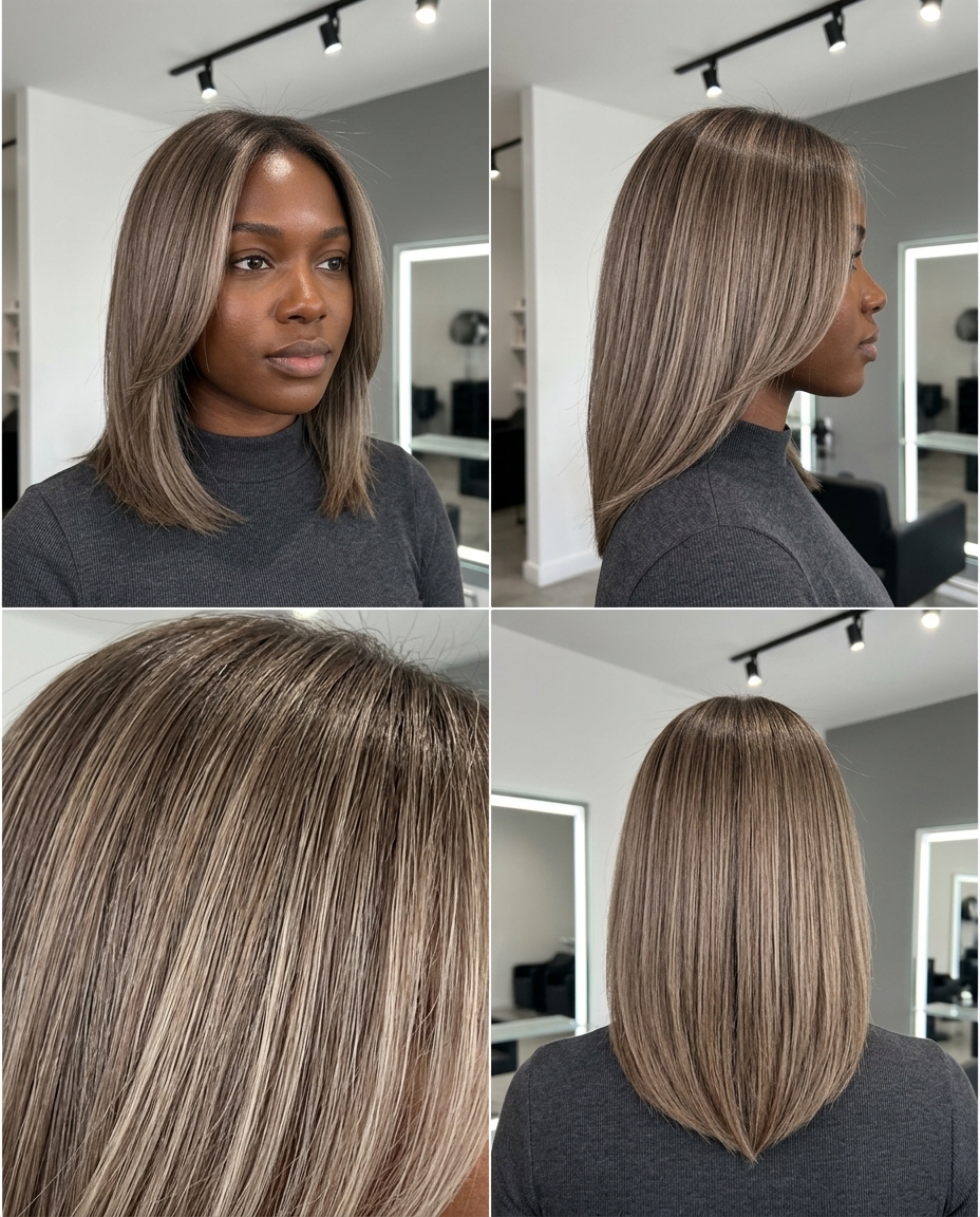 Mushroom Bronde Hair 2026: Sophisticated Office Style medium layered bronde haircut with mushroom shadow root, balayage and cool tones for office