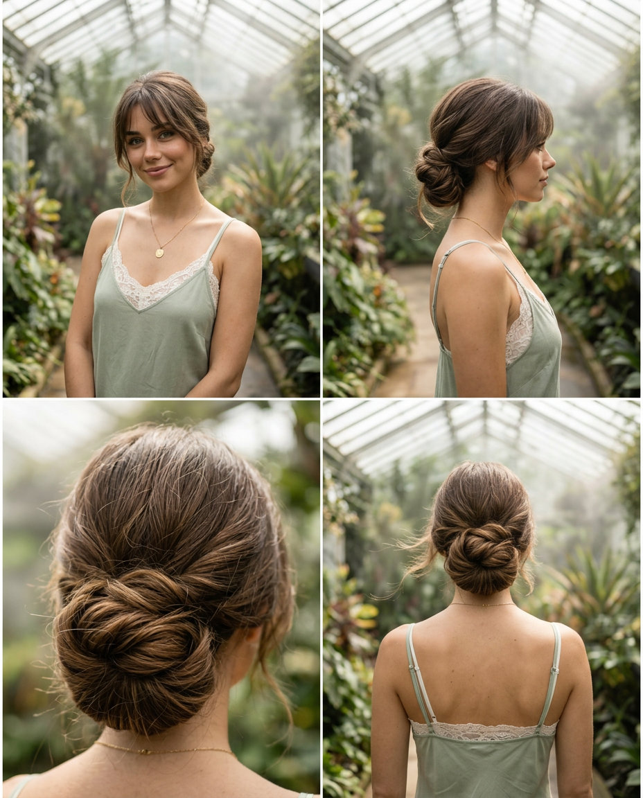 Romantic Wavy Low Bun: Easy Summer Hairstyle 2026 medium wavy low bun with mushroom bronde, soft texture, wispy bangs — romantic summer date