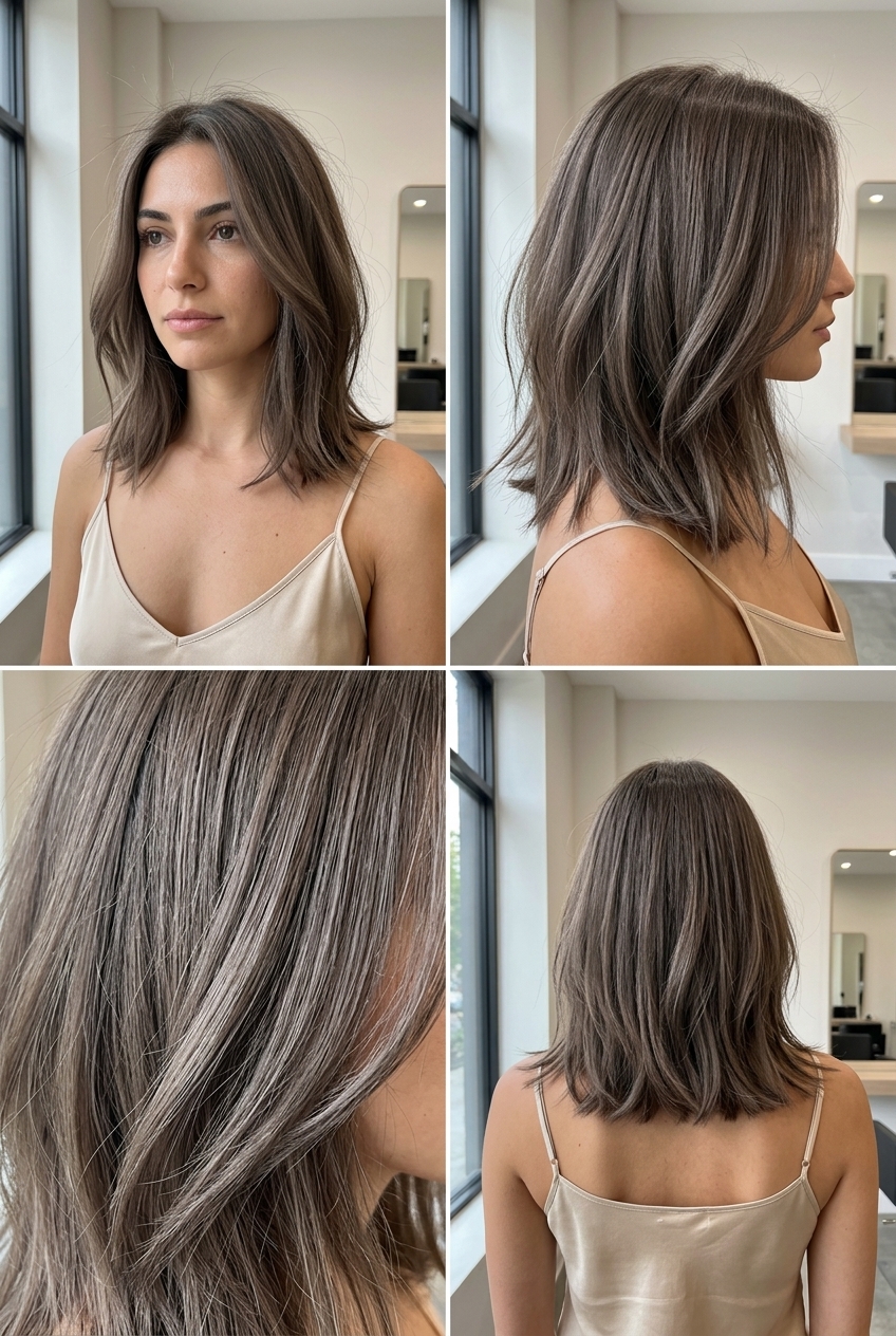 medium piecey lob haircut with mushroom mocha brunette, ash undertones, no bangs — minimalist sophisticated