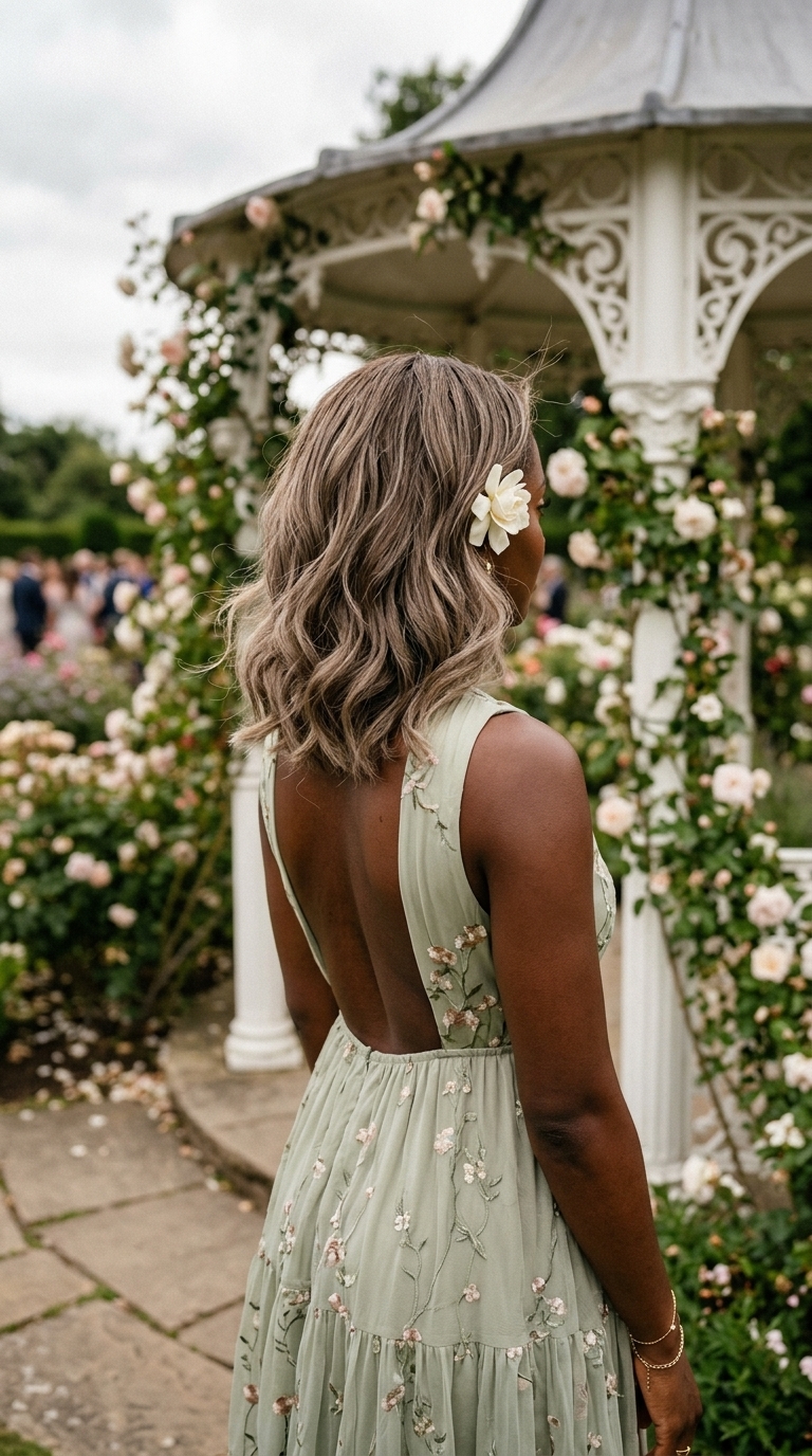 shoulder-length tousled lob with mushroom bronde balayage for summer wedding guest hairstyles 2026