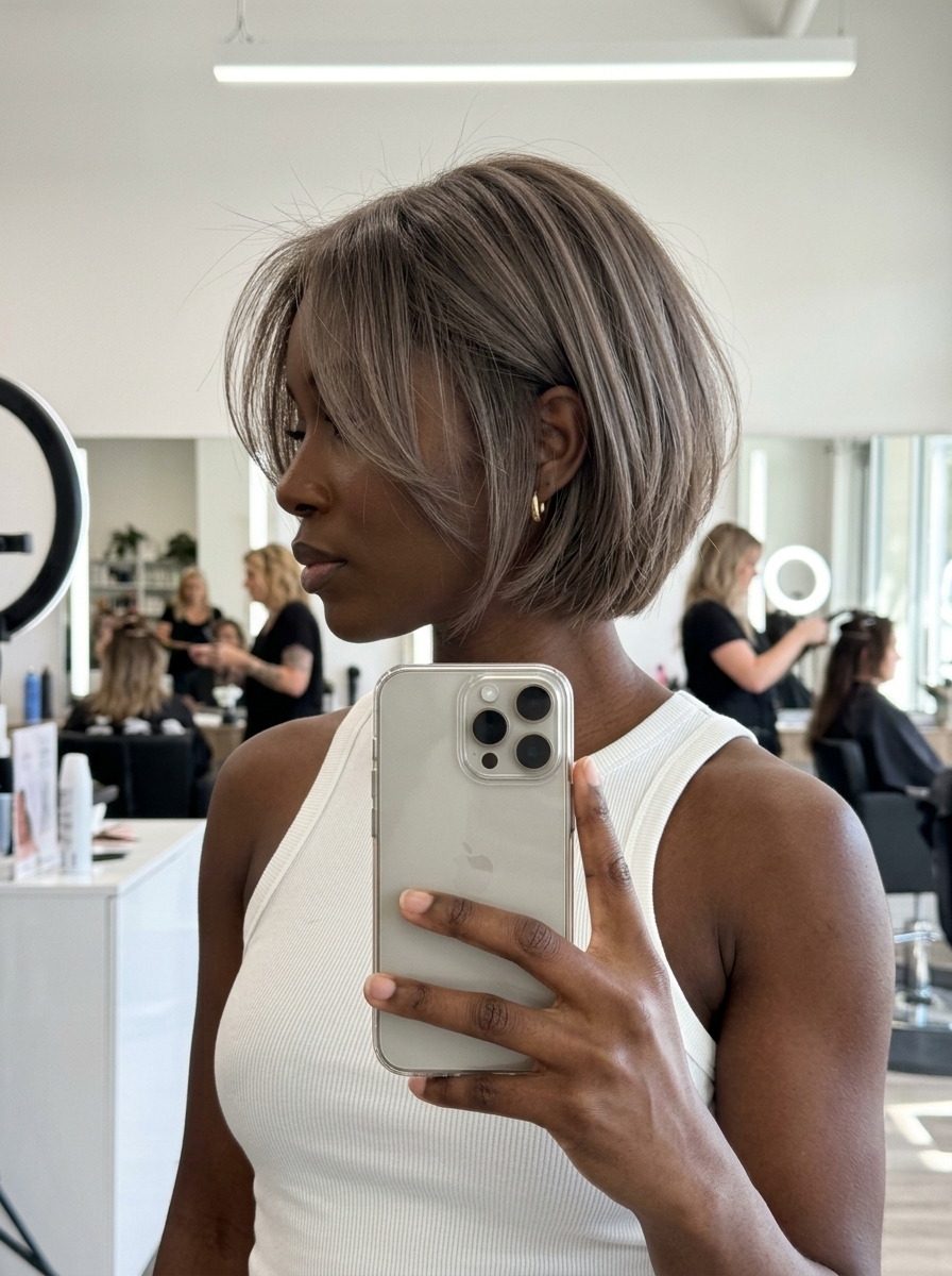 short mushroom taupe bob with razored layers and no bangs for casual brunch