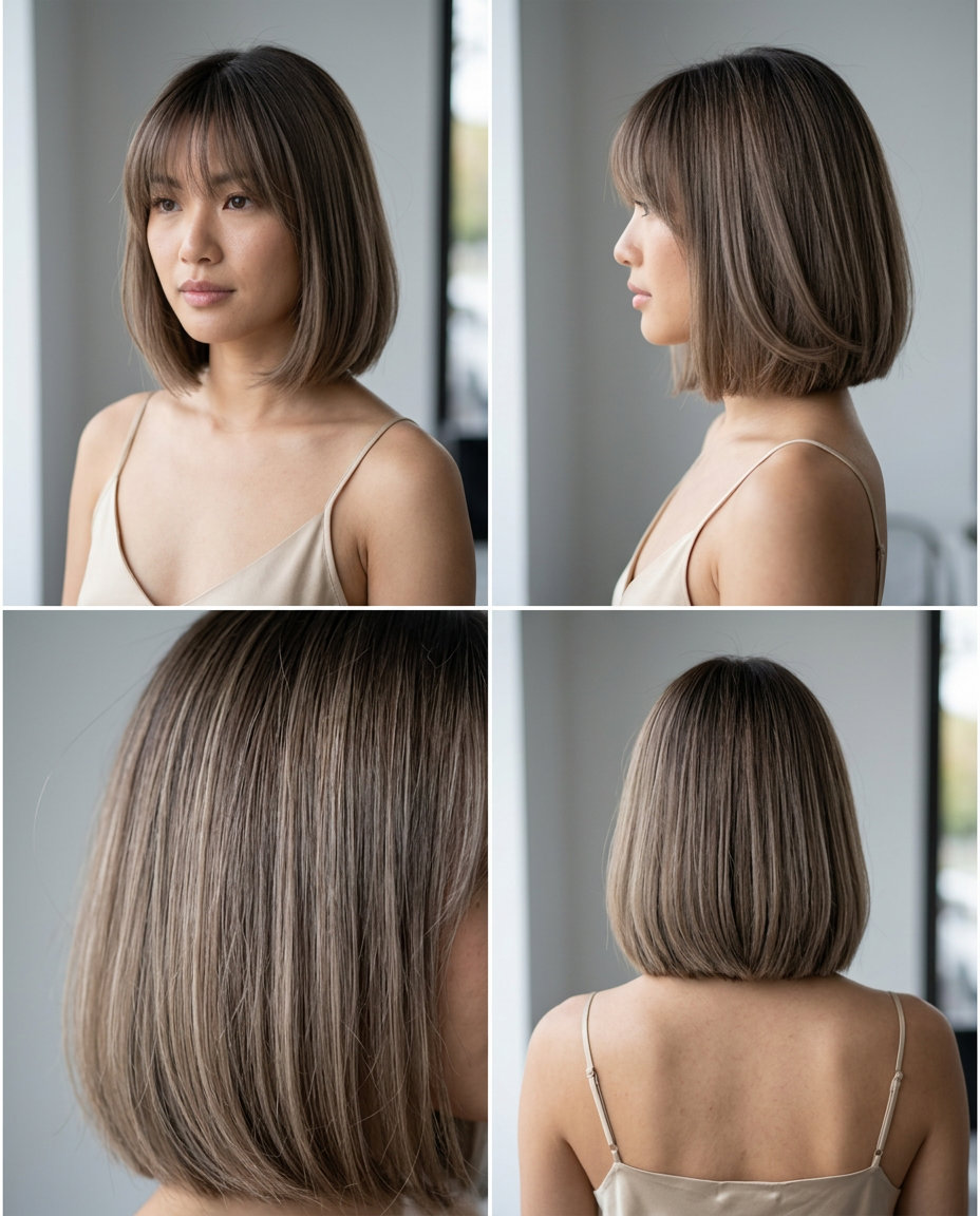 Chin-length blunt bob with muted bronde and cool beige babylights for modern look