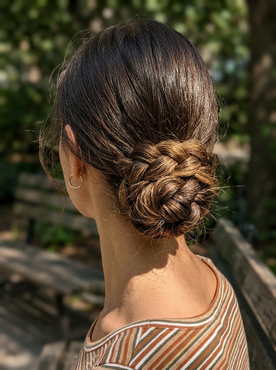 long natural base sun-kissed ends braided low bun for music festival