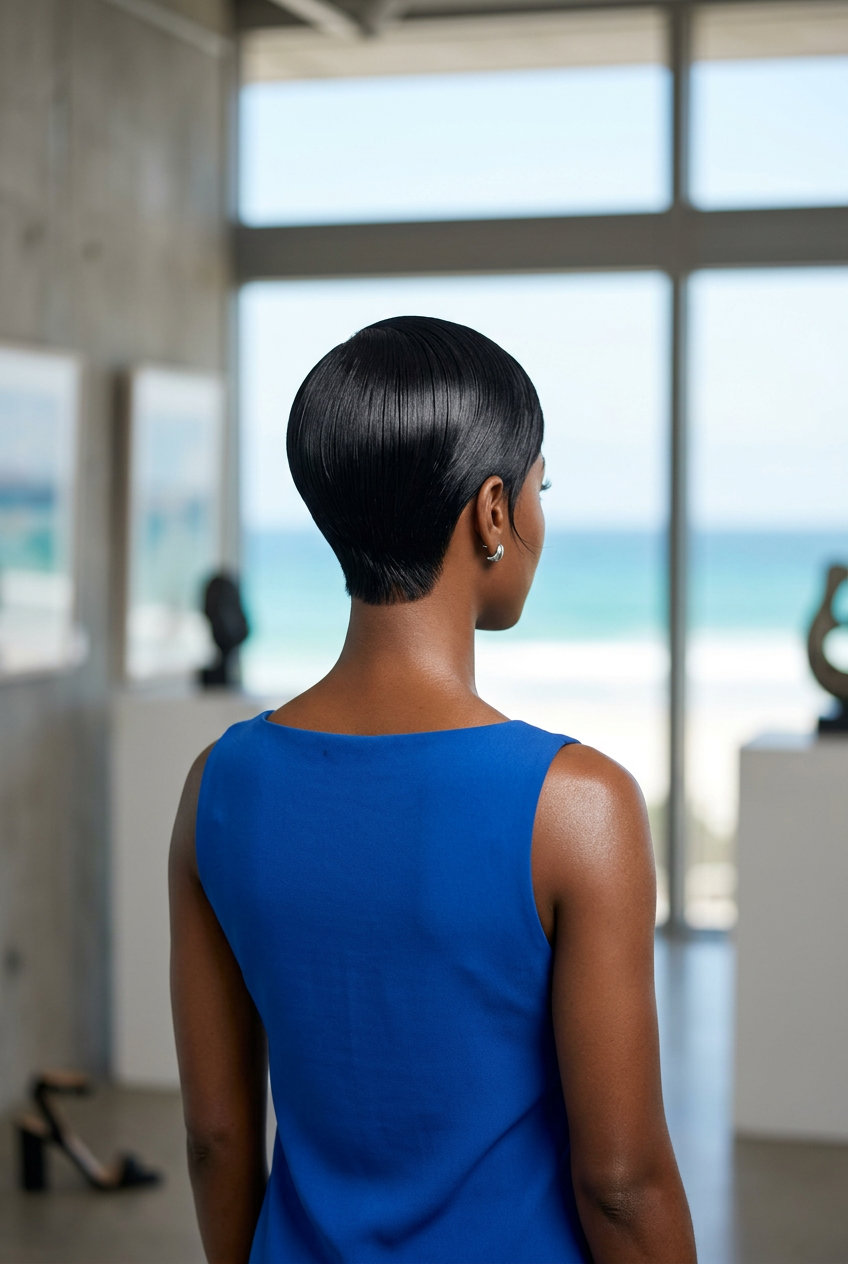 short pixie haircut with natural black, glass finish, clipper-faded sides — minimalist art gallery opening