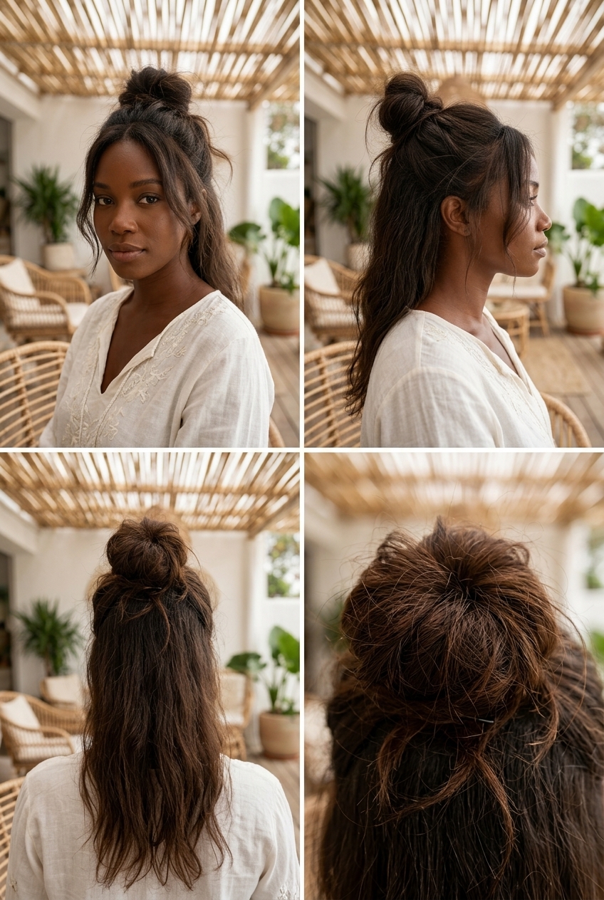 Half-Up Top Knot for Summer 2026 long natural blonde half-up top knot with loose strands for beach vacation summer 2026