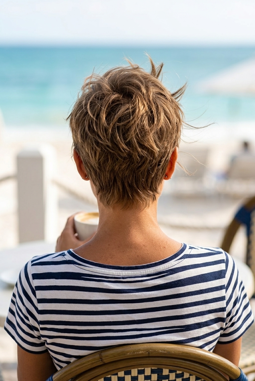 Tousled Beach Pixie: Edgy Summer 2026 Cut short natural blonde pixie haircut with textured layers and messy styling for beach vacation summer 2026