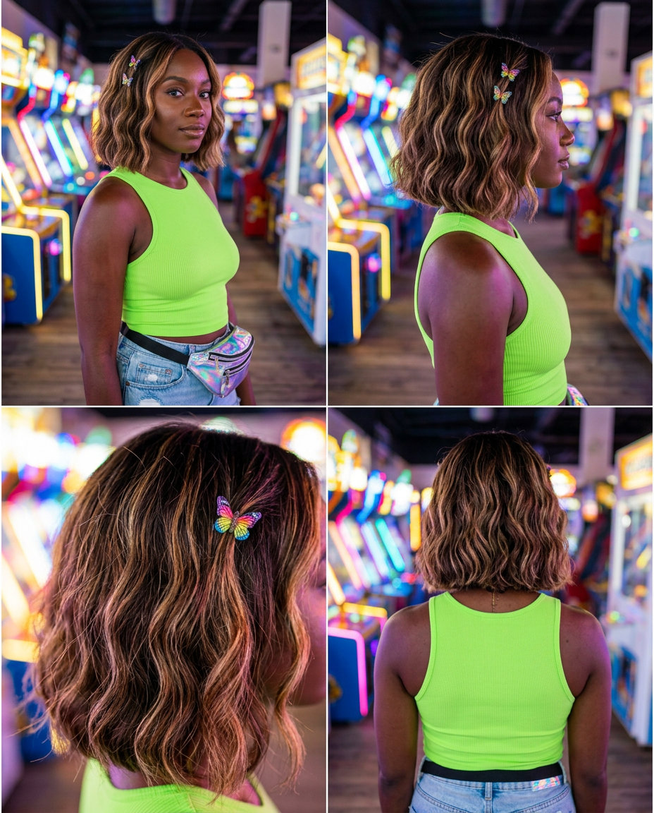 shoulder-length natural blonde bob with soft waves and Y2K butterfly clips for beach days