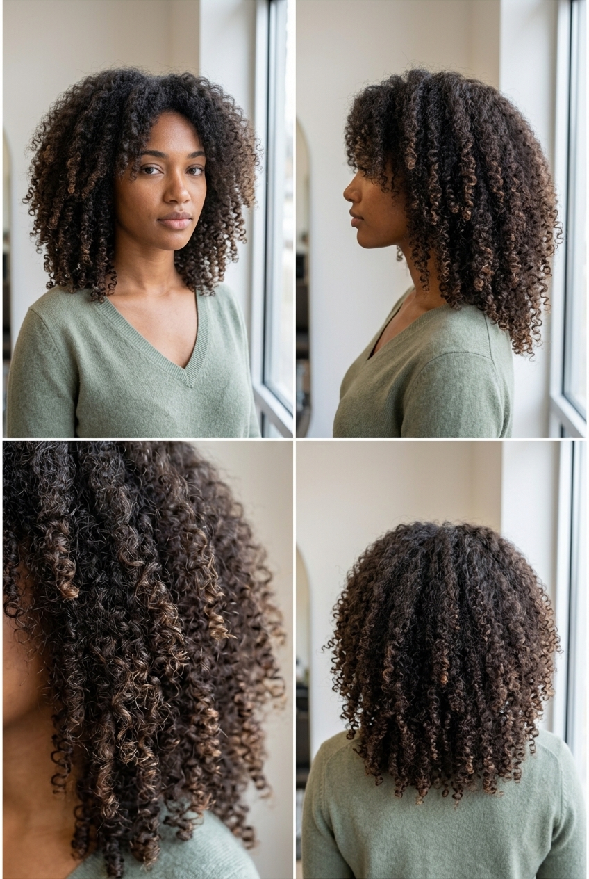 natural dark brown curly shag haircut with sun-kissed tips for summer