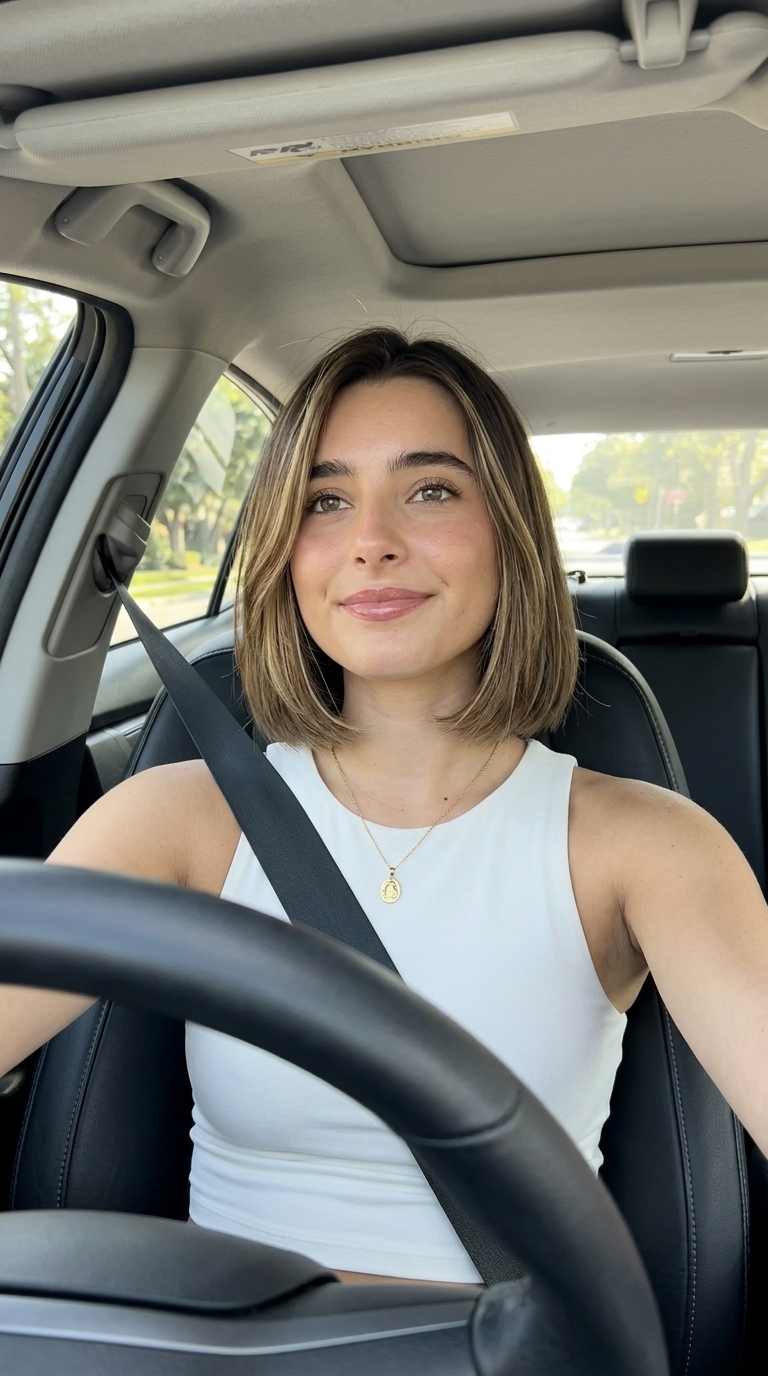 chin-length Italian bob haircut with natural brunette and caramel babylights for casual chic