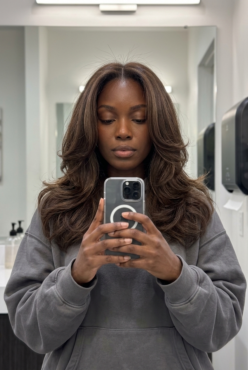 medium-long flowy butterfly haircut in natural brunette with mocha glaze, diffused layers, no fringe — minimalist natural beauty