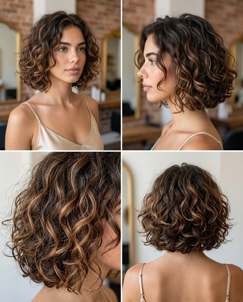 chin-length curly italian bob with natural warm babylights for summer