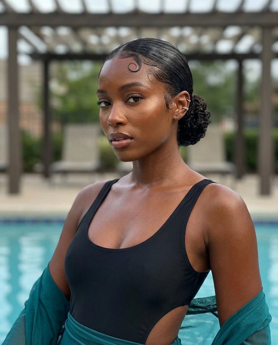 Wet Look Sculpted Micro-Bun 2026 long natural hair color wet look micro-bun, slicked-back technique for summer 2026