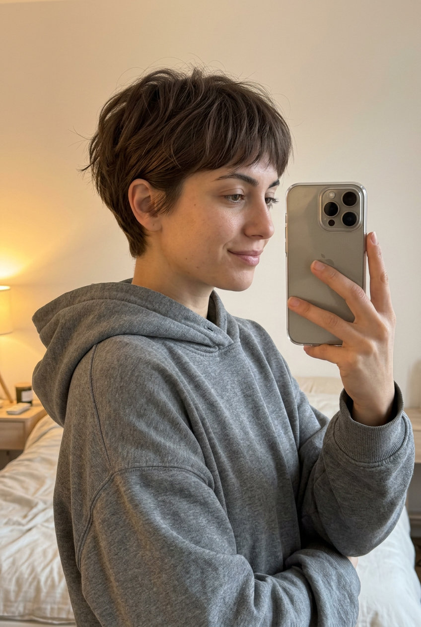 short cropped haircut with textured layers and wispy fringe for playful modern looks