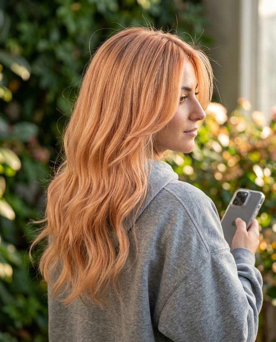 long nectarine blonde haircut with soft V-cut layers and face-framing layers for romantic style
