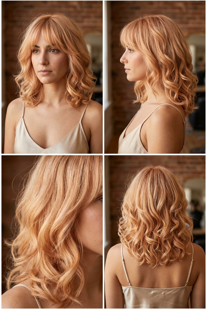 shoulder-length nectarine blonde lob with soft chin layers and face-framing C-cut for voluminous style