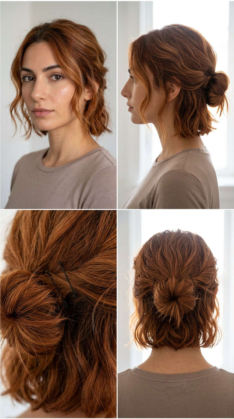 Beachy Bob Twist-Up 2026 chin length bob with nectarine copper, golden babylights, twist-up bun for beach