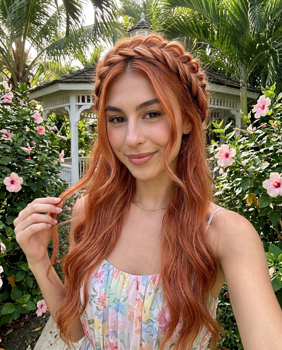 Boho Braided Crown Updo 2026 nectarine copper updo with strawberry blonde accents, braided crown for garden party
