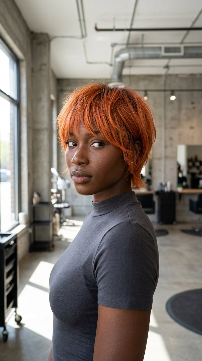 short choppy bixie haircut in nectarine copper with golden-peach undertones and shattered texture
