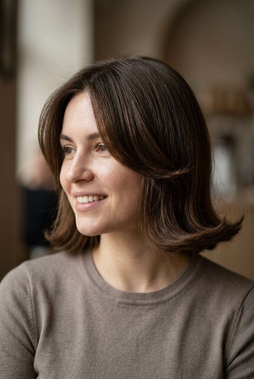 chin-length bob haircut with rich neutral brown, subtle warmth, and flipped ends for chic style