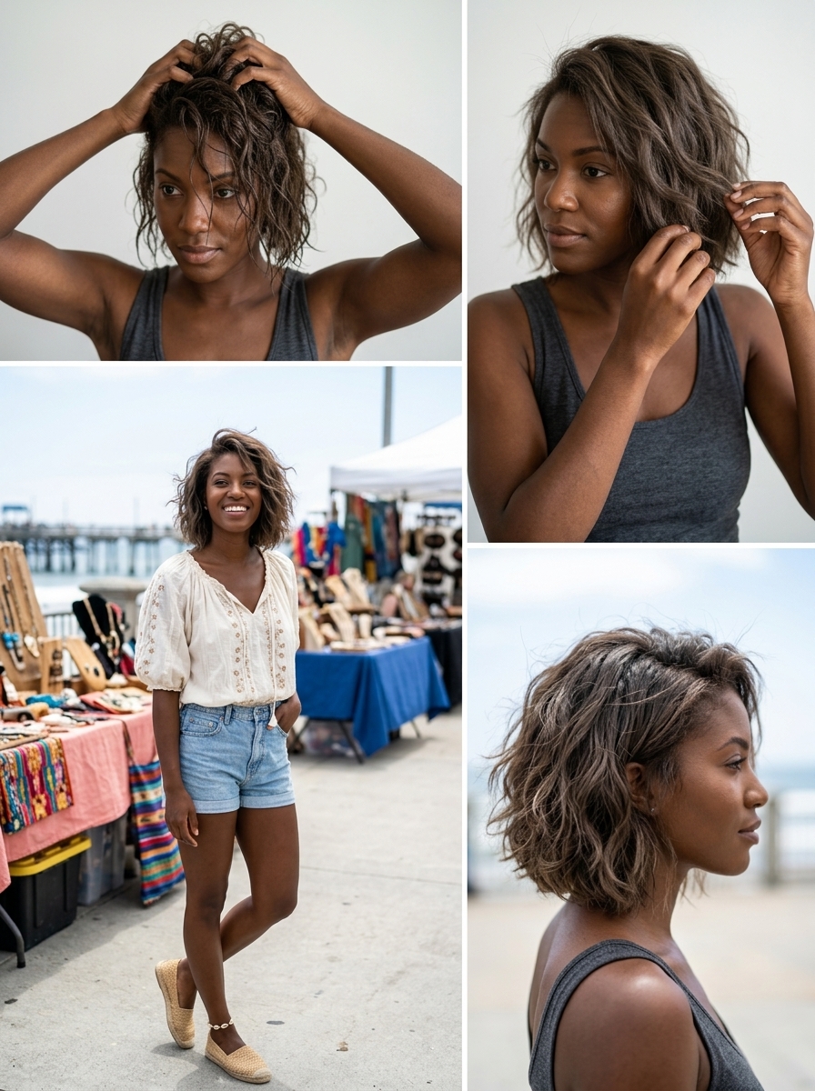 short micro bob haircut with neutral brown color, tousled waves and no fringe for summer