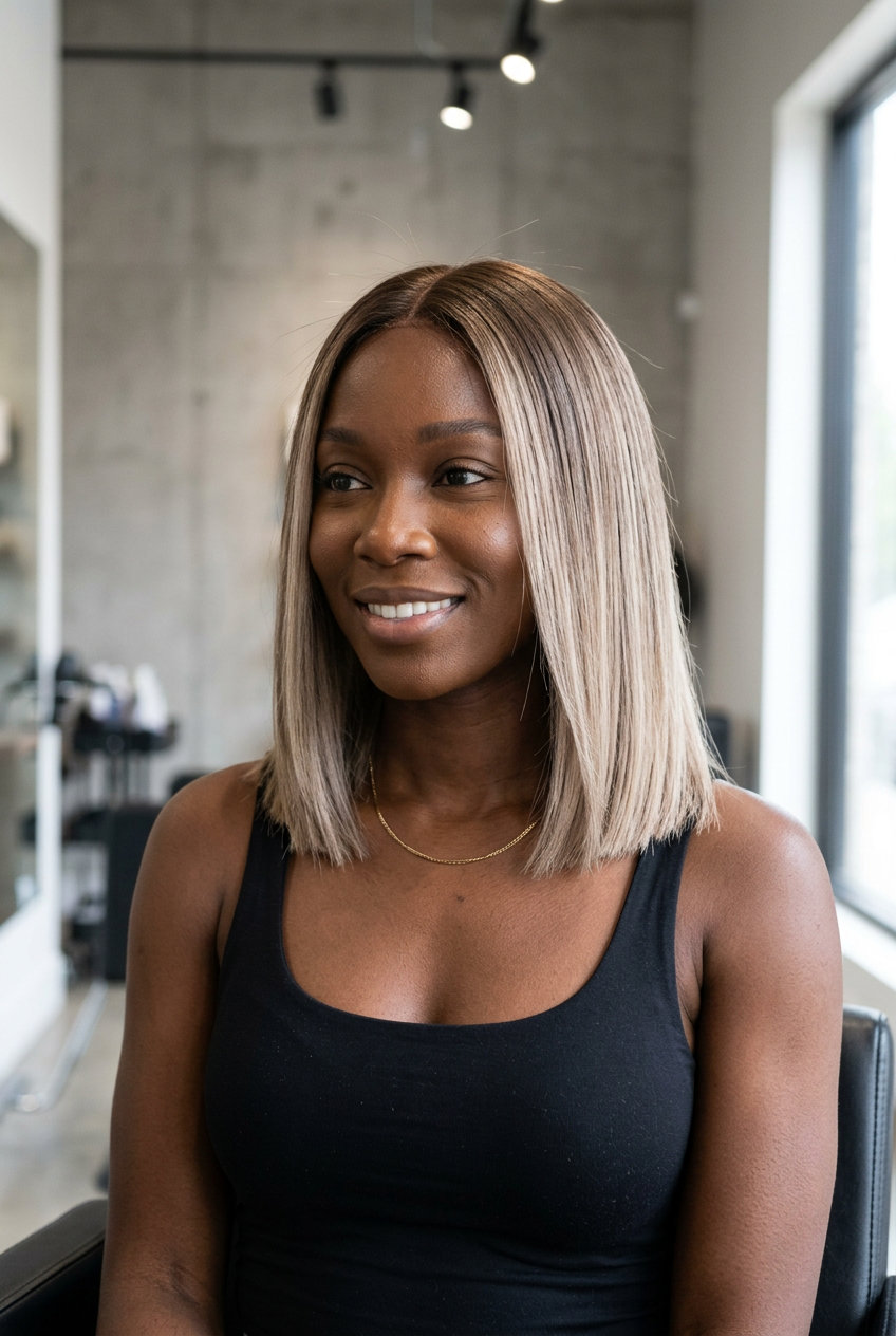 long neutral brunette to cool beige blonde color melt with ash undertones for professional look