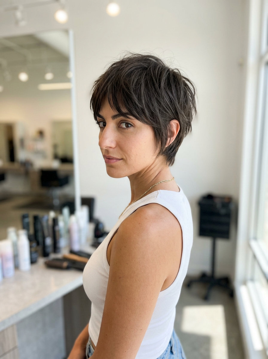 very short neutral brunette crop haircut with choppy texture and tapered sides for summer