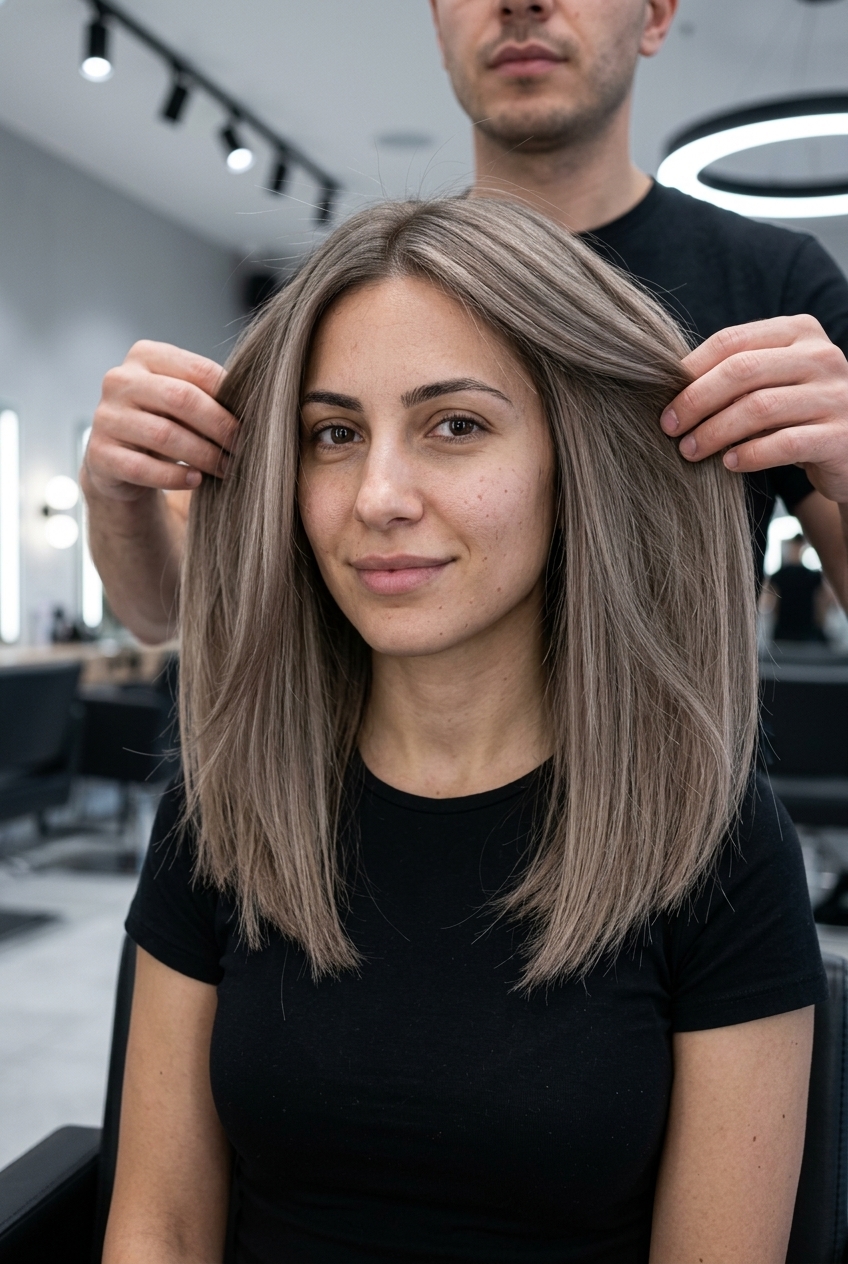 Neutral Taupe Bronde 2026: Understated Chic medium layered bronde haircut with neutral taupe all-over color and cool beige tones for office