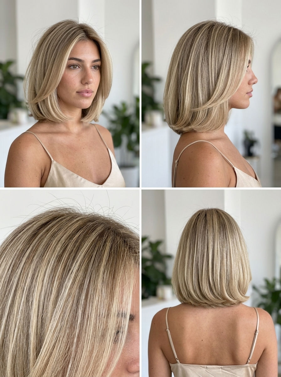 chin-length Italian bob haircut with linen blonde color and internal layers for professionals