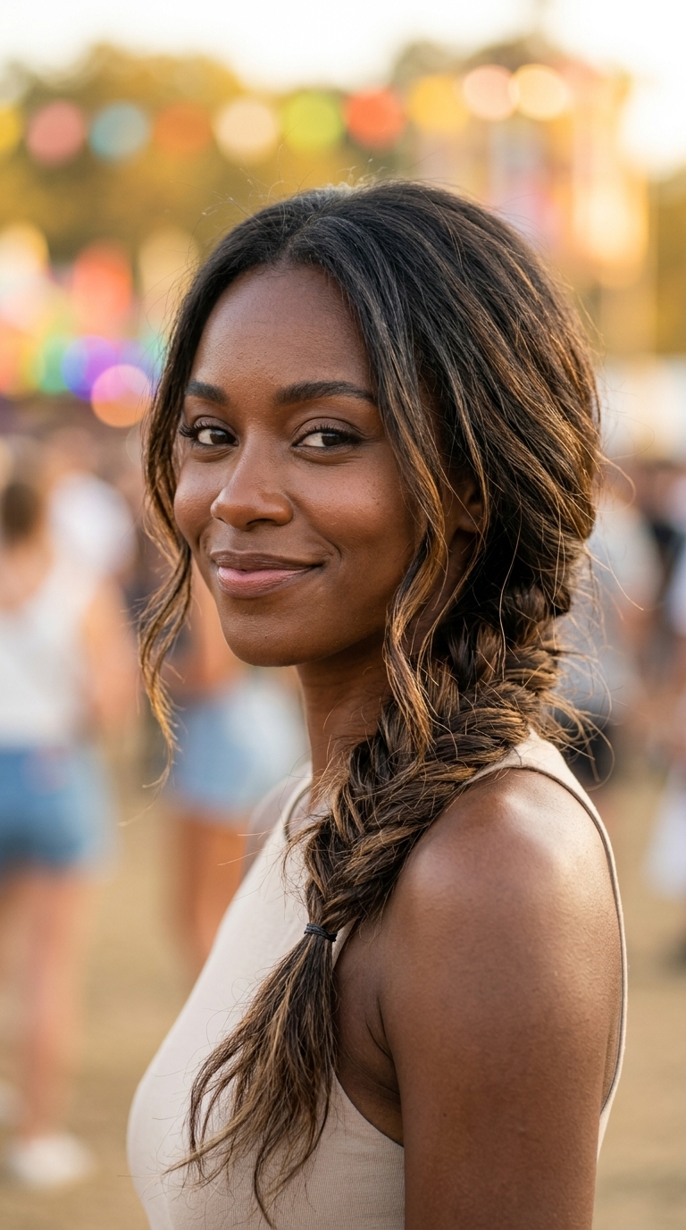 long natural fishtail braid with ombré blonde in warm tones for summer
