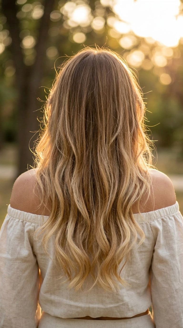 long wavy haircut with ombré color, curtain bangs and soft U-cut for date night