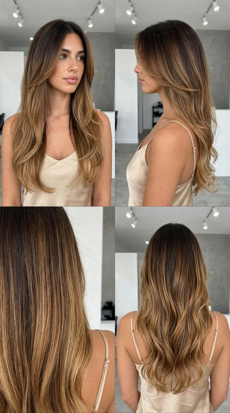 long wavy haircut with ombré color, face-framing layers and V-cut for romantic evening