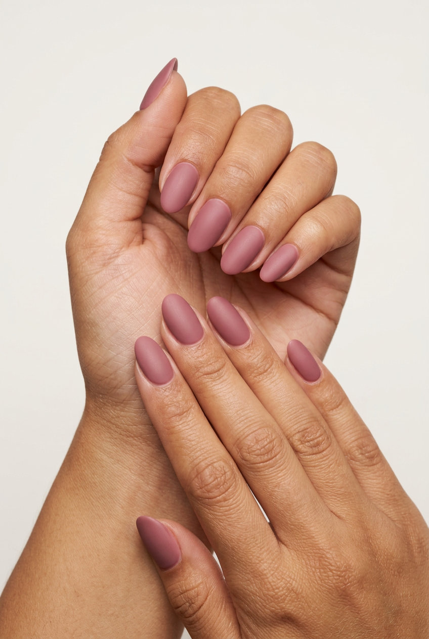 Dusty rose velvet matte oval nails for sophisticated events in 2026. Refined, understated summer look.