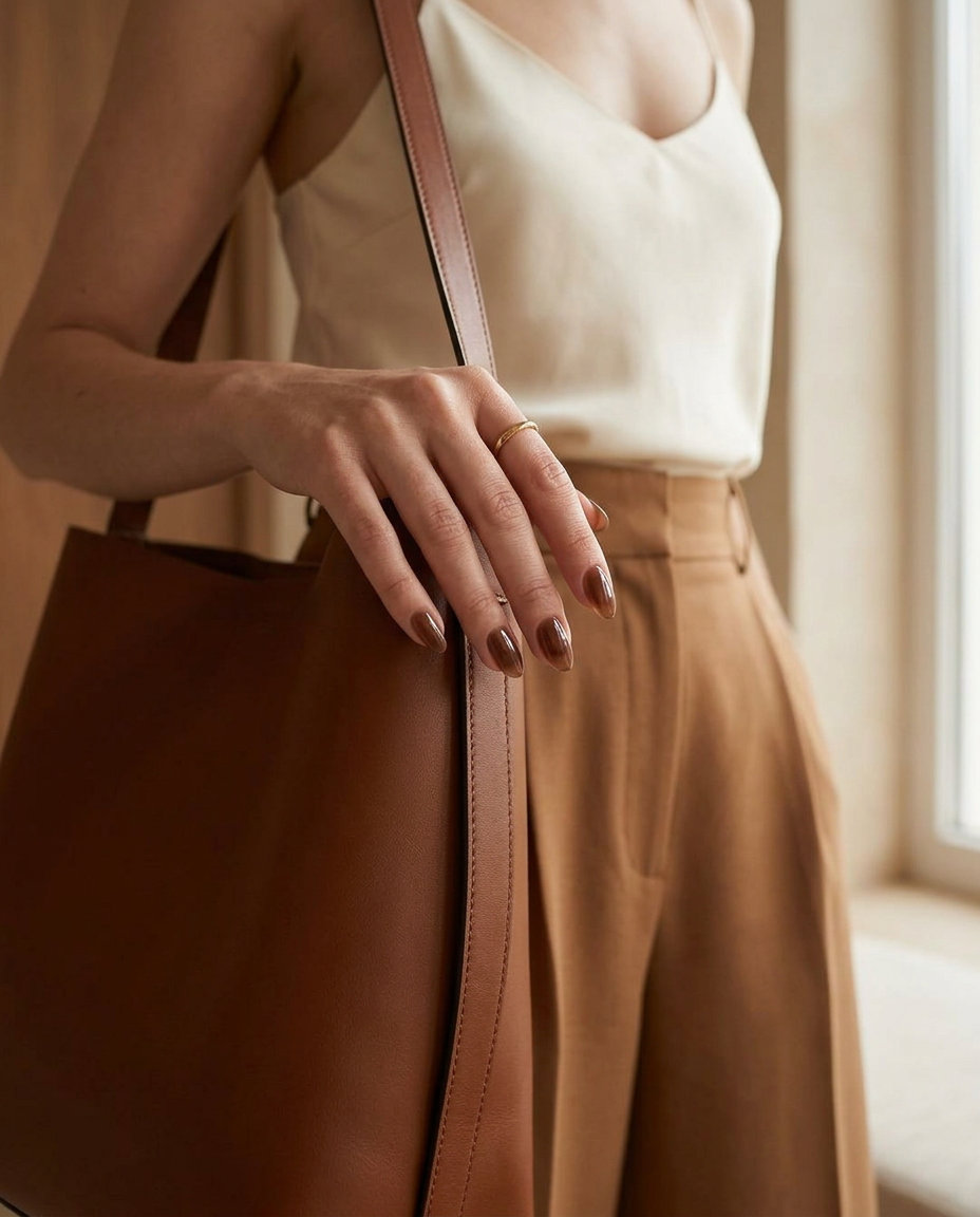 Espresso brown sheer glaze oval nails for business casual in 2026. Chic minimalist summer manicure.