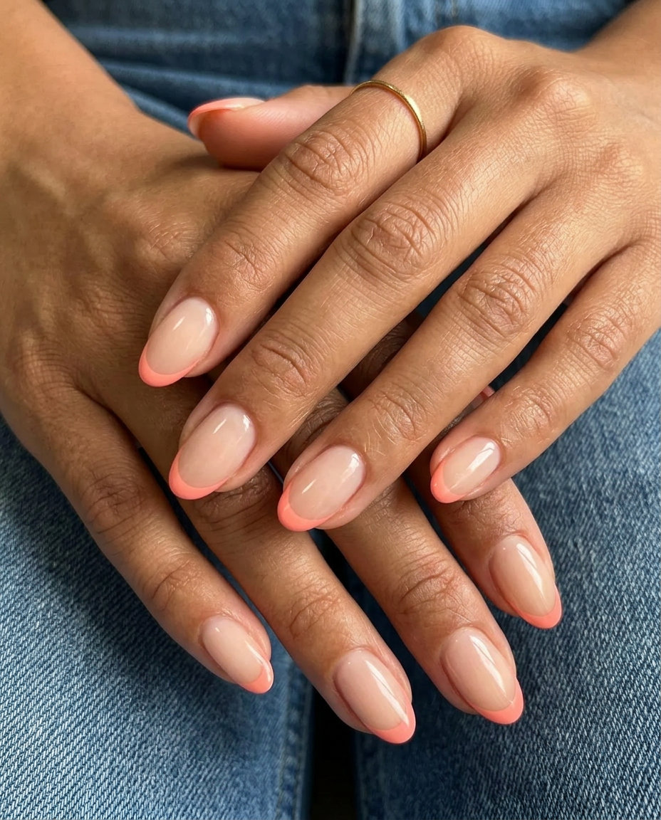 Light coral micro French oval nails for parties, vacations, and casual chic. Oval summer nails 2026.