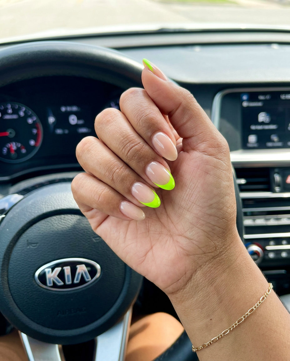 Neon Lime Accent French Oval nails: edgy, playful oval summer nails 2026 for all skin tones. Perfect for festivals.