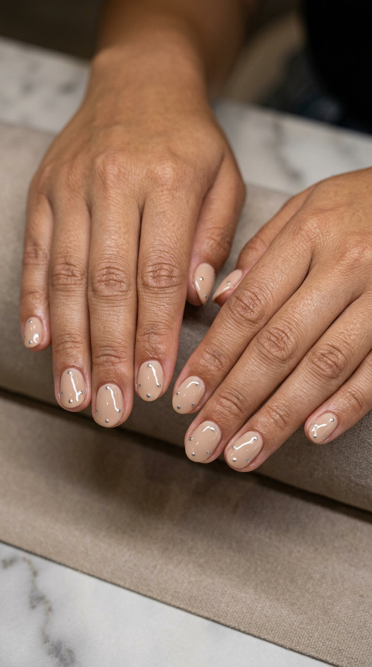Nude beige oval nails with subtle chrome dots for work in 2026. Chic minimalist summer manicure.