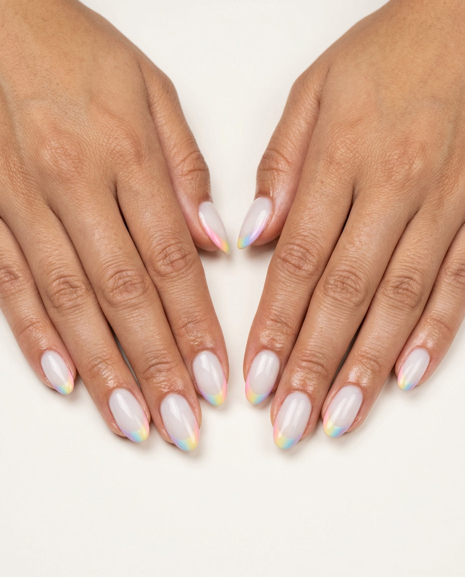 Pastel rainbow micro French oval nails for festivals in 2026. Playful whimsical summer manicure.