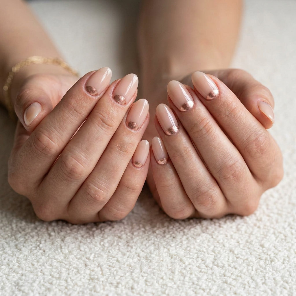 Rose gold chrome half moon oval nails for date night in 2026. Glamorous modern summer manicure.