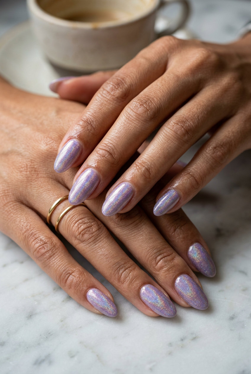 Sheer lavender holographic oval nails for summer evenings in 2026. Whimsical magical manicure.