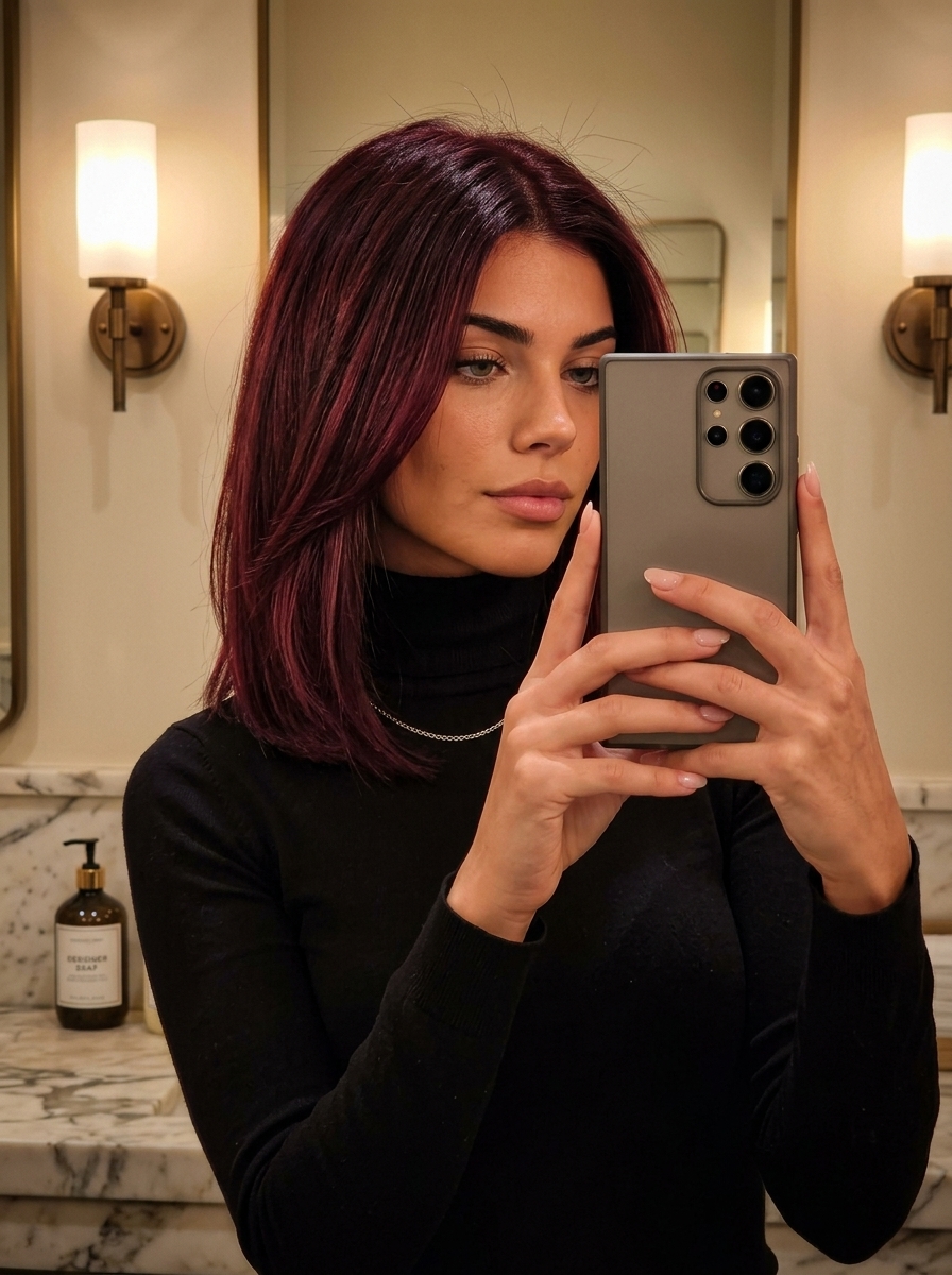 long oxblood color melt with dark wine ends, seamless blend, no fringe — dramatic
